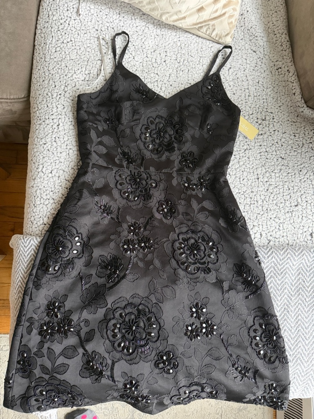 Mikael Aghal Black Beaded Floral Slip Mini Dress